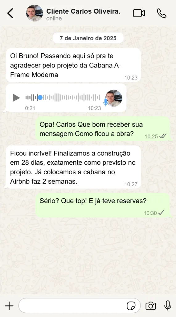 Conversa com o cliente Carlos Oliveira sobre a obra concluída.