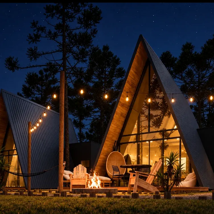 A cabana à noite, com as luzes acesas entre as araucárias.
