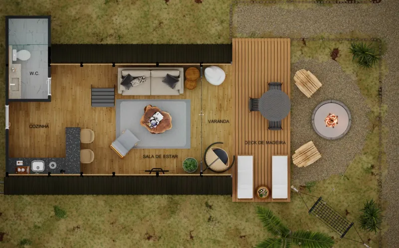 Planta humanizada do térreo: sala, cozinha, banheiro, varanda e deck.